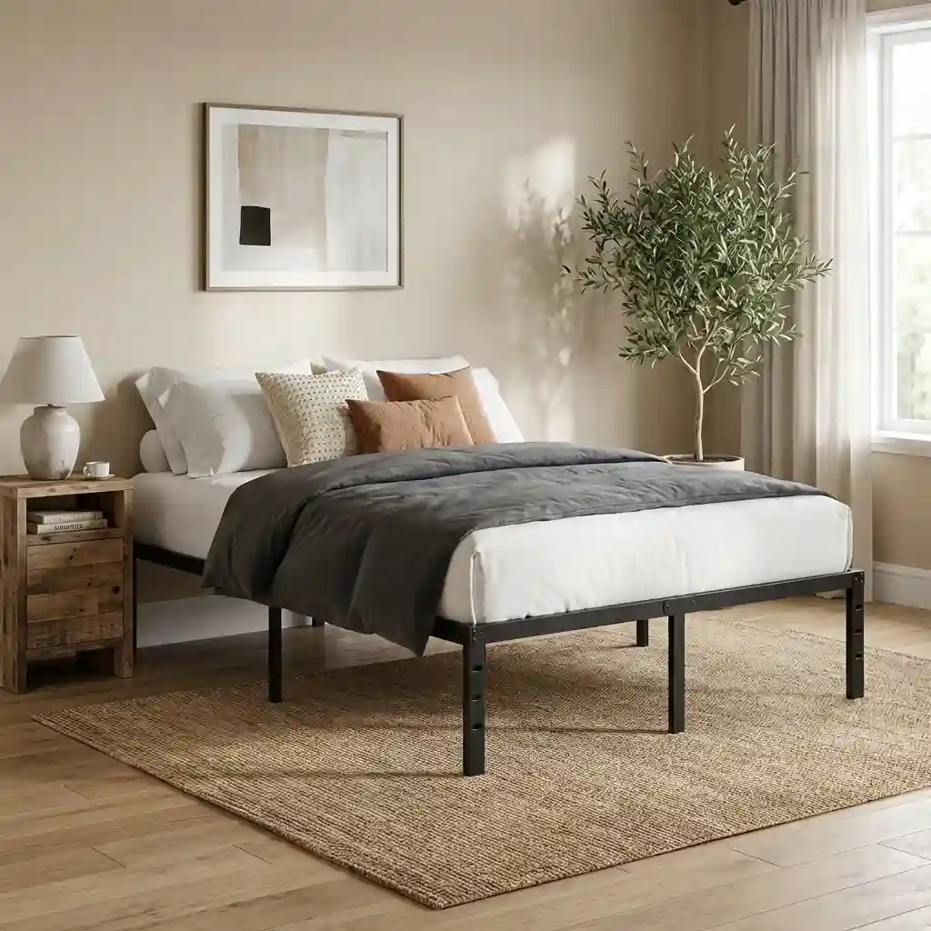 NEWJETO premium metal bed frame in a modern bedroom
